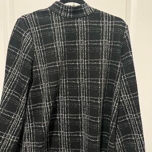 Ann Taylor Factory Plaid Black & White Mockneck with Bell Sleeves